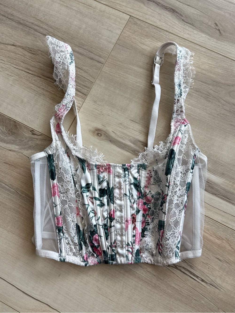 Victoria's Secret White Floral Lace Bustier Camisole with Pink & Green